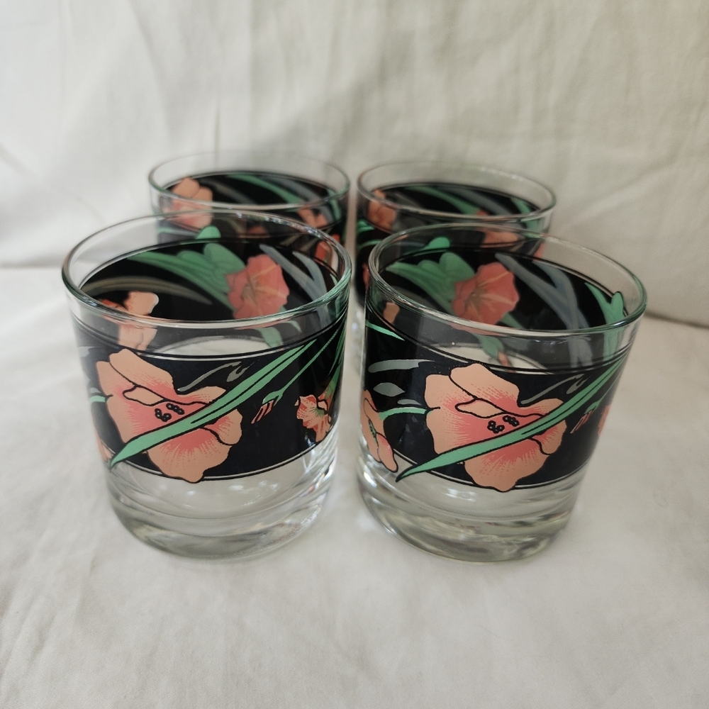 Vintage Signed Cutler Low Ball Glasses Black Pink Floral 1980's Barware Kitchen